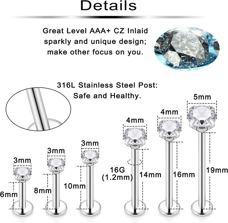 Ftovosyo 12Pcs 14G 16G Different Sizes Flat Back Stud Stainless Steel Labret Ashley Medusa Monroe Dimple Cheek Lip Rings Studs Piercing Jewelry for Women Men Bar Length 6mm-19mm - Image 2
